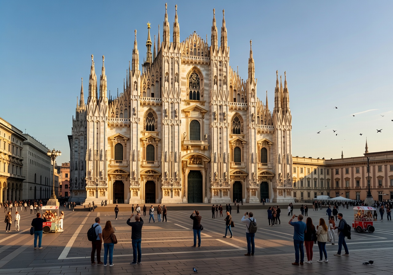 Milan Duomo square filled with people and pigeons