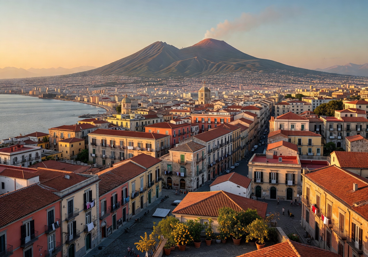 Panoramic Naples cityscape with Mount Vesuvius in background