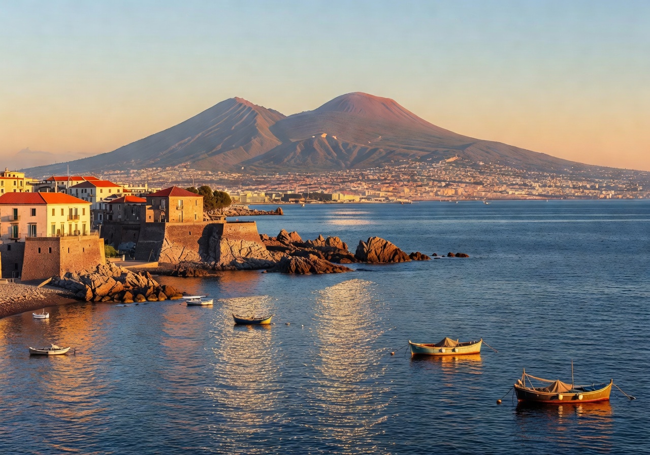 Sunny Naples coastline and Mount Vesuvius