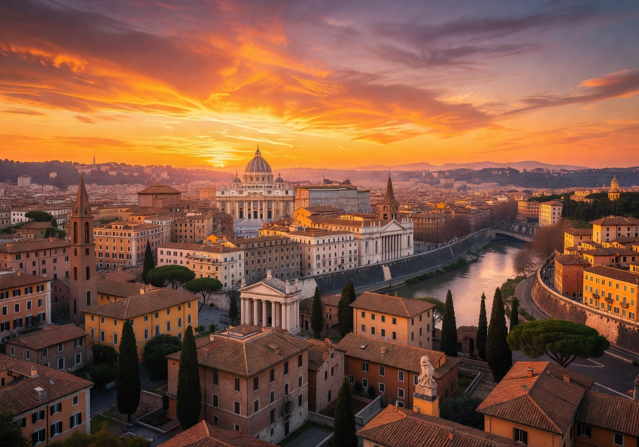 Gorgeous panoramic view of Rome skyline at sunset