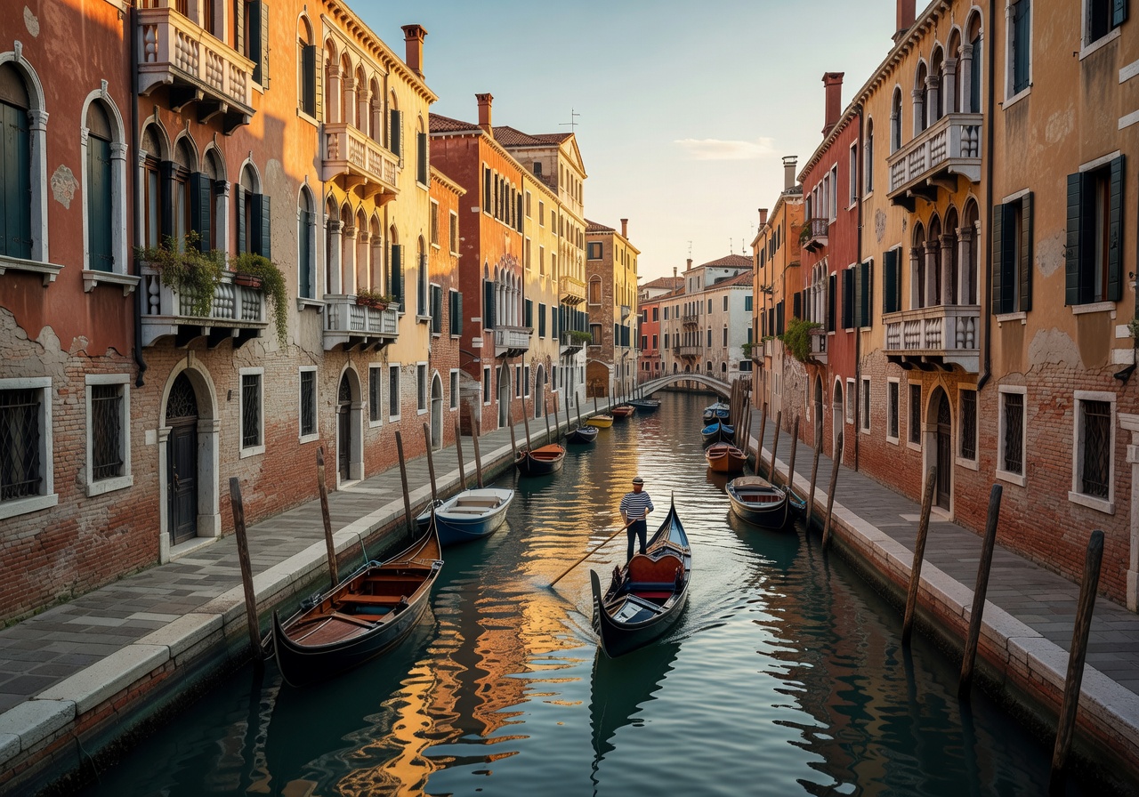 Venice canal with gondola parked