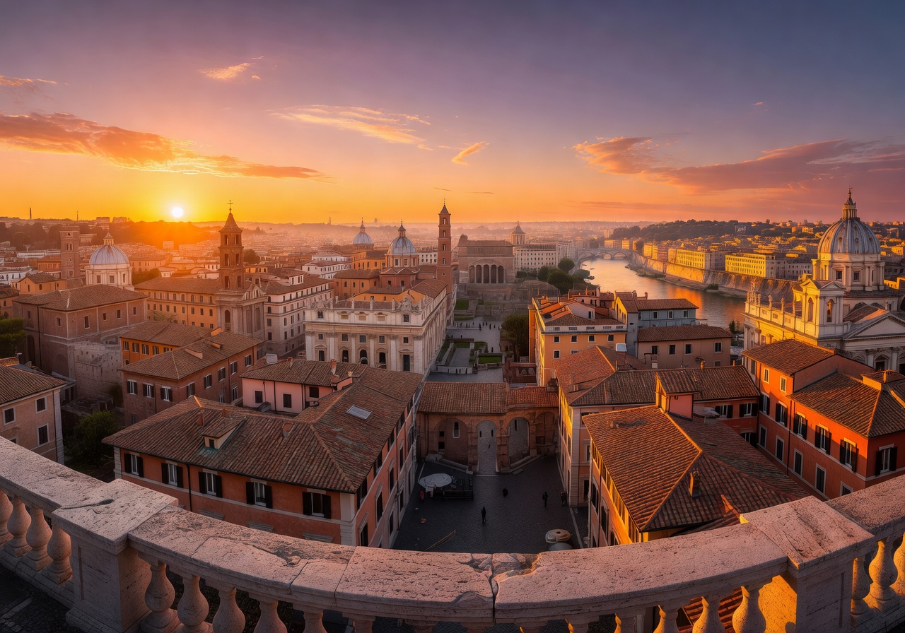 Scenic view of Rome from a high terrace at sunset